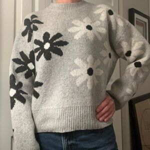Gray and Black Crew Neck Sweater with Floral Design